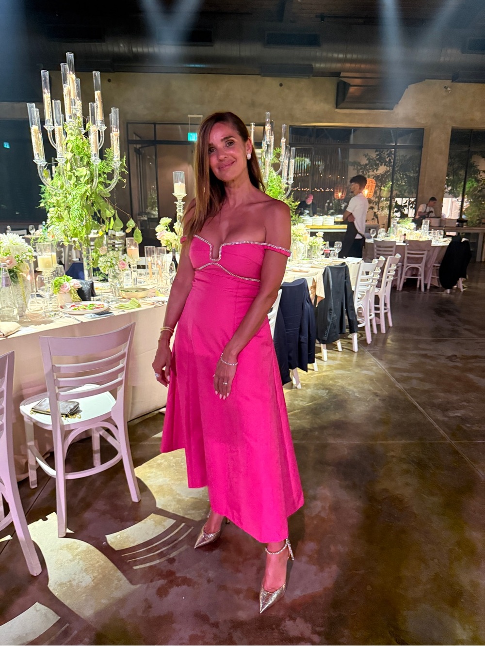 Self-Portrait Hot Pink Off-Shoulder Midi Dress with Beaded Trim